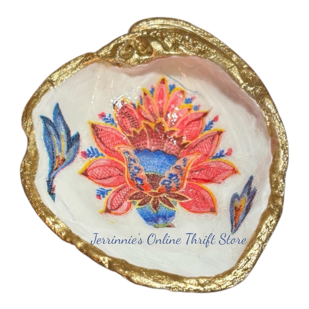 Handmade Decoupage Oyster Shell Trinket Dish Gold Trim Pearl Feet Floral Lotus